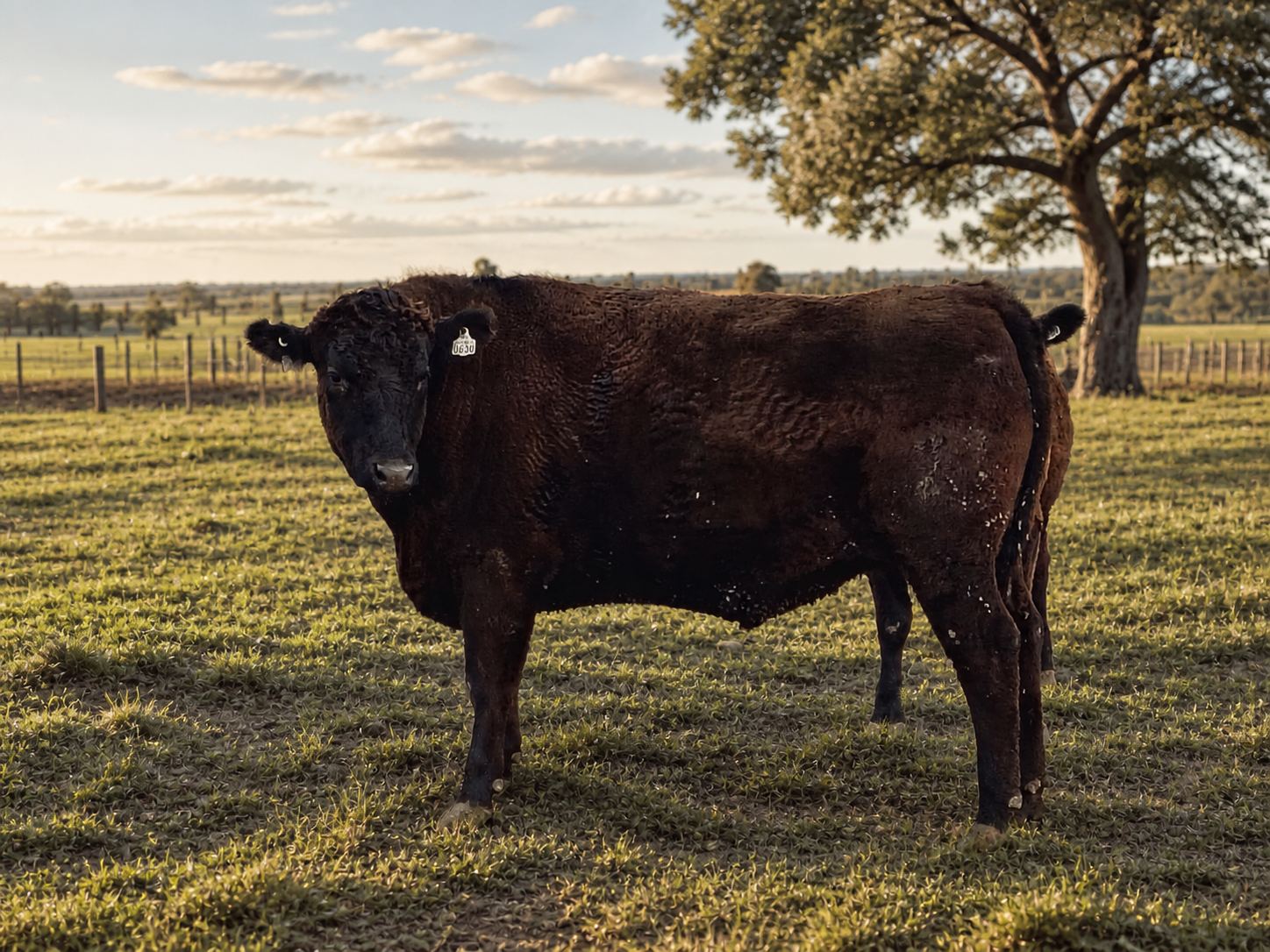 Wagyu F1 con caravana 0630, en el campo al atardecer
